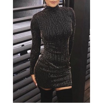 Hot Women Sequined Long Sleeve Tassel Bodycon Party Club Turtleneck Skinny Casual Sexy Club Dress